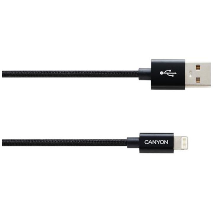 Cablu de date Canyon CFI-3, Lightning USB Cable for Apple, braided, metallic shell, cable length 1m, Black