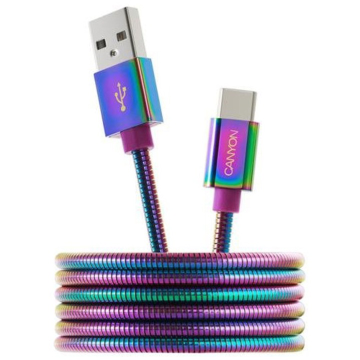 Кабел за данни Canyon UC-7, Type C USB 2.0 standard cable, Power output 5V/9V 2A, OD 3.8mm, Metal shell, Cable length 1.2m, Rainbow