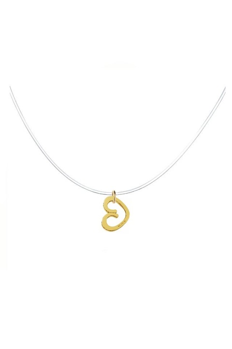 Colier la baza gatului cu fir transparent de silicon si pandantiv din Aur 14k in forma de inima decupata, 40 cm