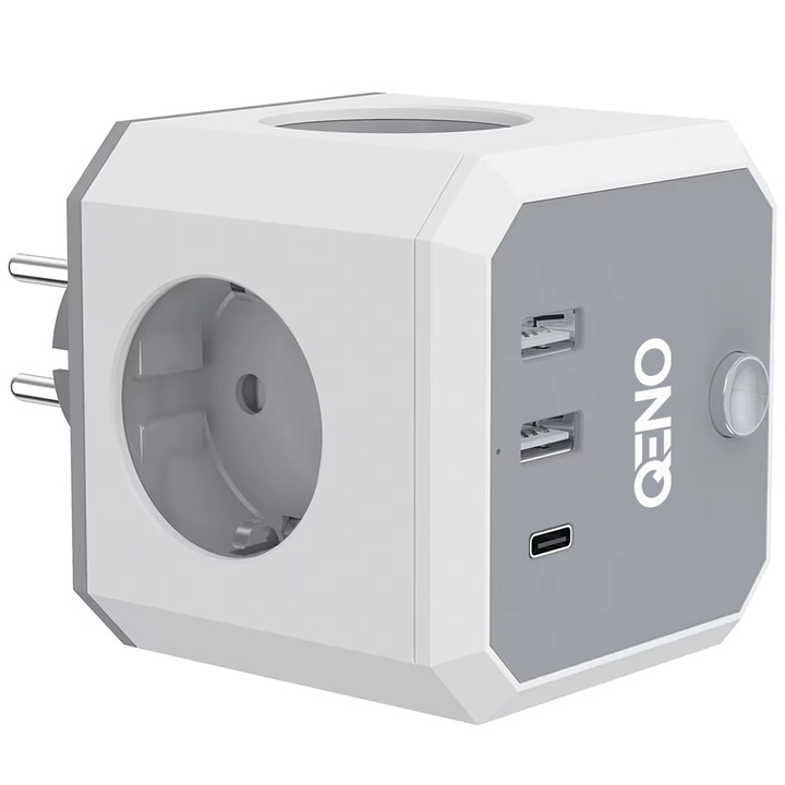 Адаптер за гнездо 7IN1 Qeno® PowerCube Cube, с 2x USB TYPE-A, 1x Type-C, бързо зареждане, защита от пренапрежение, 220V-250V/10A, 2500W, бутон за включване/изключване, бял