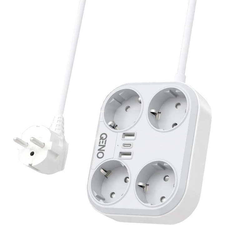 Разклонител Qeno® SevenPlug Plug Extension, 4x Sockets, 2x USB/3.4A, 1x USB Type-C, 100/240V, 1300-4000W, 1M кабел, бързо зареждане, множество защити, бутон за включване/изключване, бял