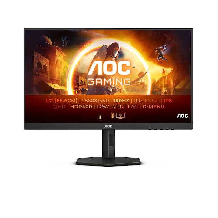 Monitor Gaming AOC LED IPS 27 2K QHD 180Hz 1ms MPRT HDMI 2.0 DP 1.4 G-Sync FreeSync Premium FlickerFree Low Blue Pivot Black Q27G4X