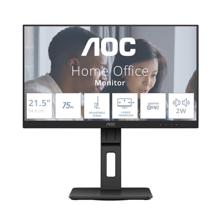 Monitor AOC LED VA 21.5", FHD, 75Hz, 4ms GtG, HDMI, DP 1.2, FlickerFree, Hangszórók, Pivot, USB hub, fekete, 22E2UMF