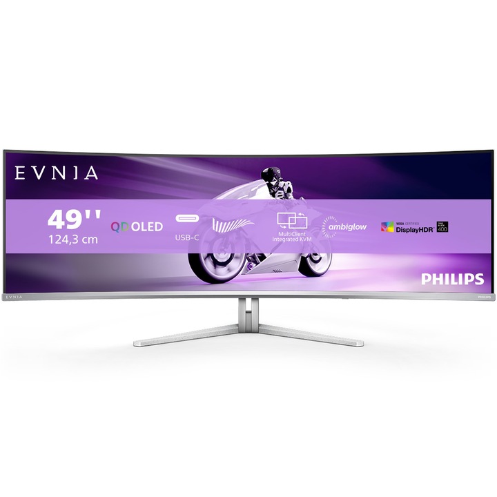 Philips EVNIA QD-OLED Ívelt gaming monitor, 48.9", DualQHD, 144Hz, 0.03ms, AMD FreeSync™ Premium Pro, DisplayHDR™ TrueBlack 400, FlickerFree, 7.5W x 4 hangszóró + DTS, USB Hub, Ambiglow, USB Type-C, 2x HDMI, DisplayPort, Fehér