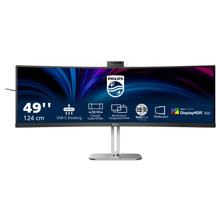 Monitor Philips Curved 48,8" VA DQHD 75Hz 4ms(GtG) HDR400 FlickerFree Hangszórók 5Wx2 Webkamera HA HDMI DisplayPort USB hub USC-C KVM RJ45 49B2U6900CH/00