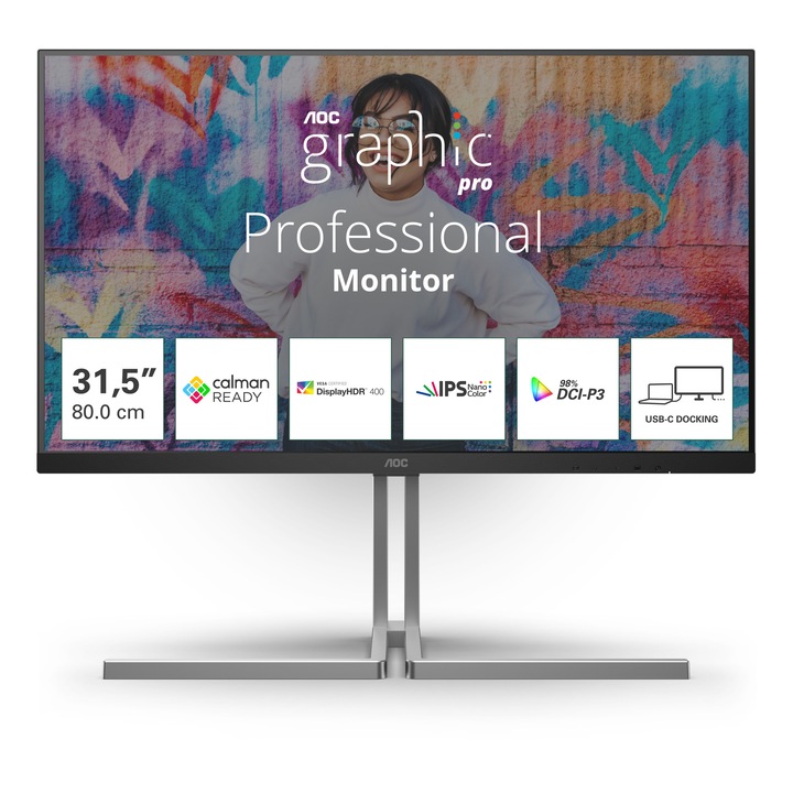 "Monitor AOC 31.5"" U32U3CV, Átló (hüvelyk): 31,5, Átló (cm): 80, Képarány: 16:9, Panel: Nano IPS, Felbontás: 3840x2160, Frissítési gyakoriság: 60 Hz, Jobb: Válaszidő 4, BtG (max.): 400 cd/m², Kontraszt (statikus): 1000:1, Kontraszt (dinamikus): 50M:1