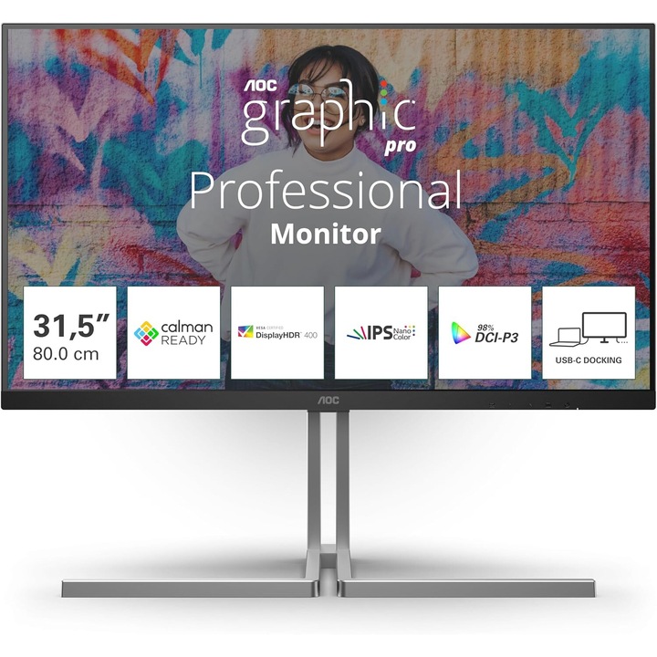 Монитор AOC U32U3CV, 31.5", WLED, IPS, 3840 x 2160 4K, 2 x HDMI 2.0, Ethernet (RJ-45), 1 x DisplayPort 1.4, 1 x Audio Out, 4 x USB 3.2 Gen 2, 1 x USB Type-C Upstream захранващ порт, 1 x USB 3.2 Gen 2 Type-C Upstream, 1 x USB 3.2 Gen 2 Type-C Downstream