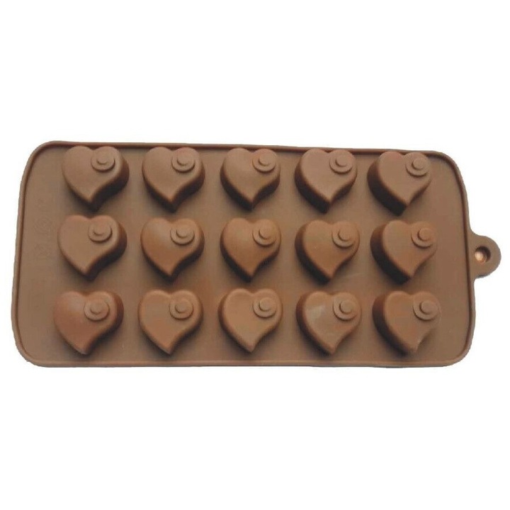 Forma din Silicon pentru Bomboane, Praline din Ciocolata de Casa, Jeleuri sau Cuburi de Gheata, Maro, Inimioare Glazurate, 21 x 10 x 1 cm, MaffStuff®