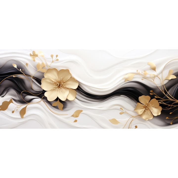 Tablou Canvas, Flori gold, alb si negru, 90 x 40 cm