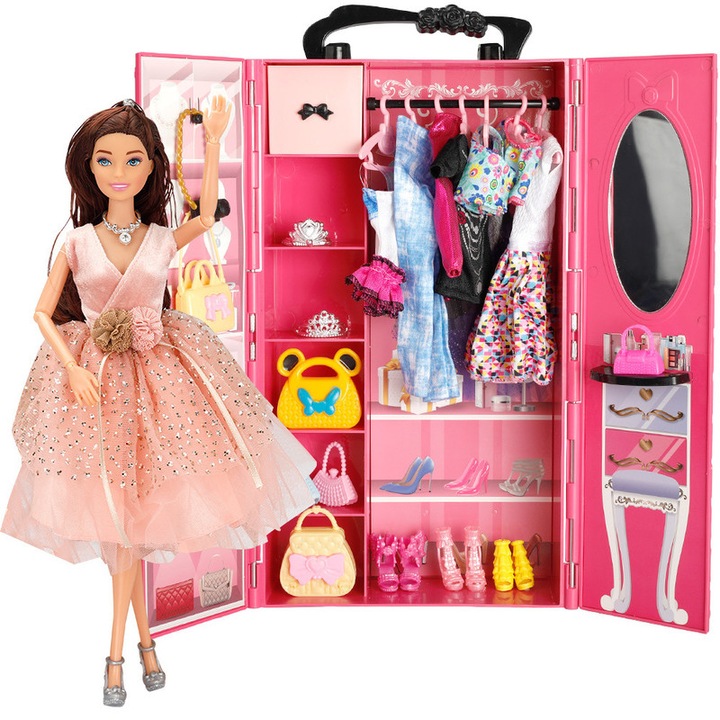 Комплект кукла и аксесоари WALALLA, гардероб Barbie, 66 части, подвижни аксесоари, розов