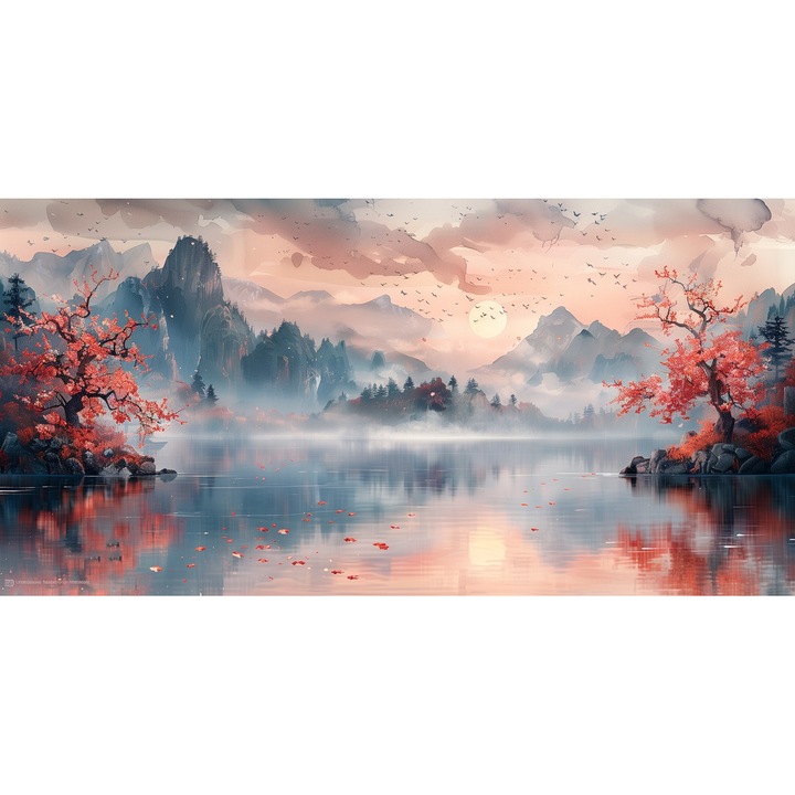 Tablou Canvas living, Peisaj in Japonia, munti, lac, padure, flori, 90 x 50 cm