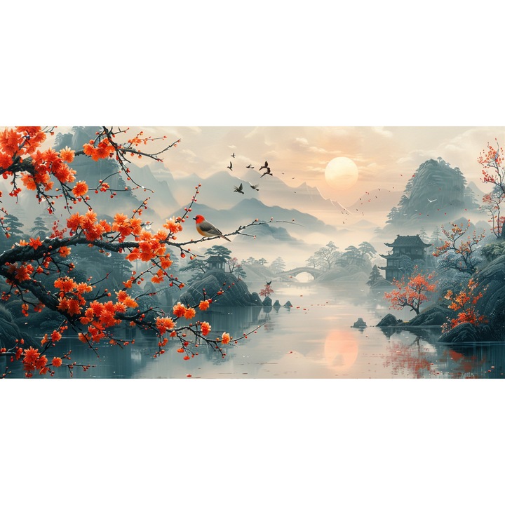 Tablou Canvas living, Peisaj in Japonia, pasari munti, lac, padure, flori, natura 90 x 50 cm