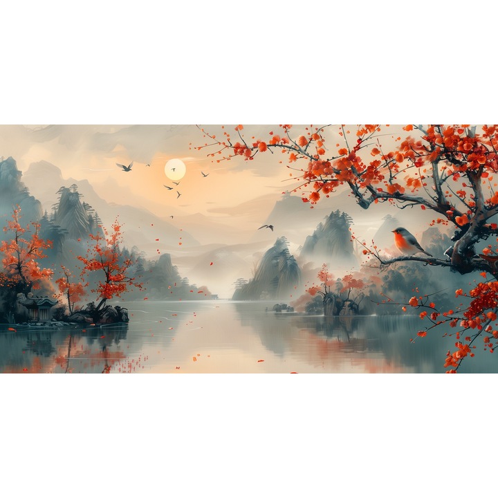 Tablou Canvas Peisaj in Japonia, munti, lac, padure, flori, pentru living si dormitor, 90 x 50 cm