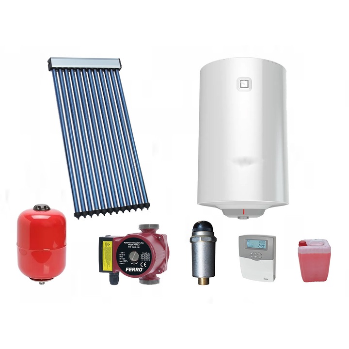 Sistem solar presurizat apa calda 120L, colector 12 tuburi, boiler Tesy 120L 1s, antigel 10 L, controller solar SR208c, aerisitor solar, pompa Ferro 25-40, vas expansiune 25L