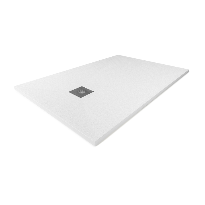 Cadita de dus slim ultra usoara ALUX Fibrex, 140x80 cm, alb, textura rain drops, cu grilaj inox