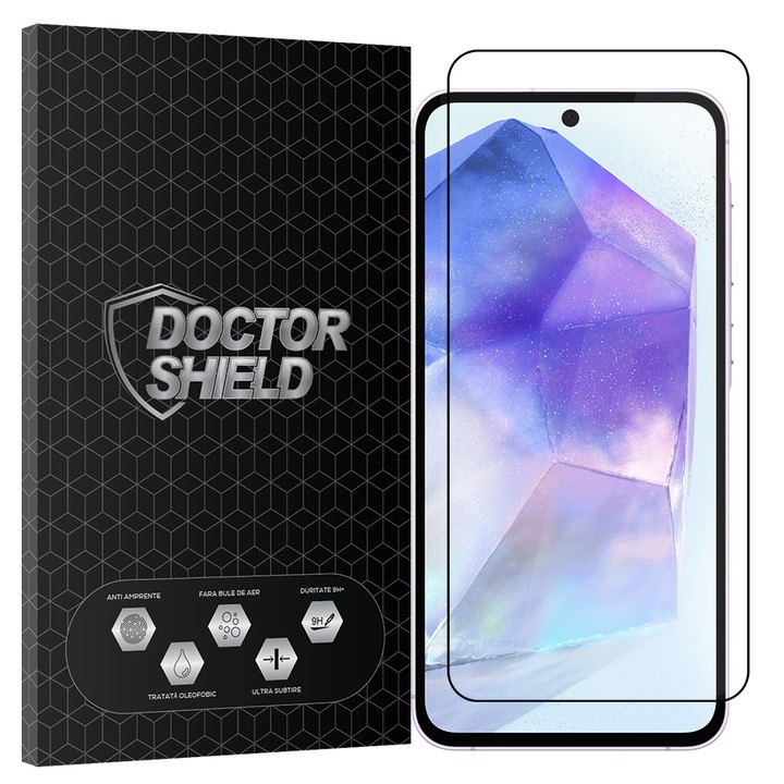 Стъклен протектор Dr.Shield, съвместим Samsung Galaxy A55 5G, пълно лепило, професионална защита 2.5D