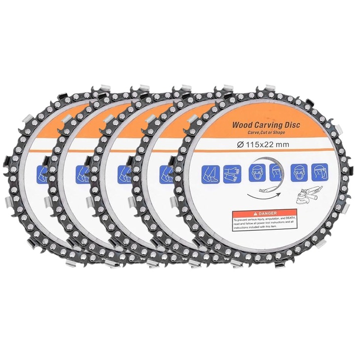 Set 5 Discuri lemn, Wood Carving Disc, pentru polizor unghiular, cu lant 115 x 22 mm, otel, Dactylion®