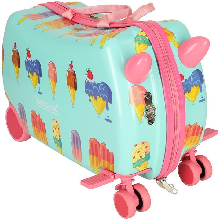 Мултифункционална детска чанта за пътуване RollyUP UniqViBE® с функция за количка, 360° колела, две отделения, сгъваема поставка за крачета, подвижна презрамка за носене, калъф против удари, водоустойчив, сладолед, розов/тюркоаз