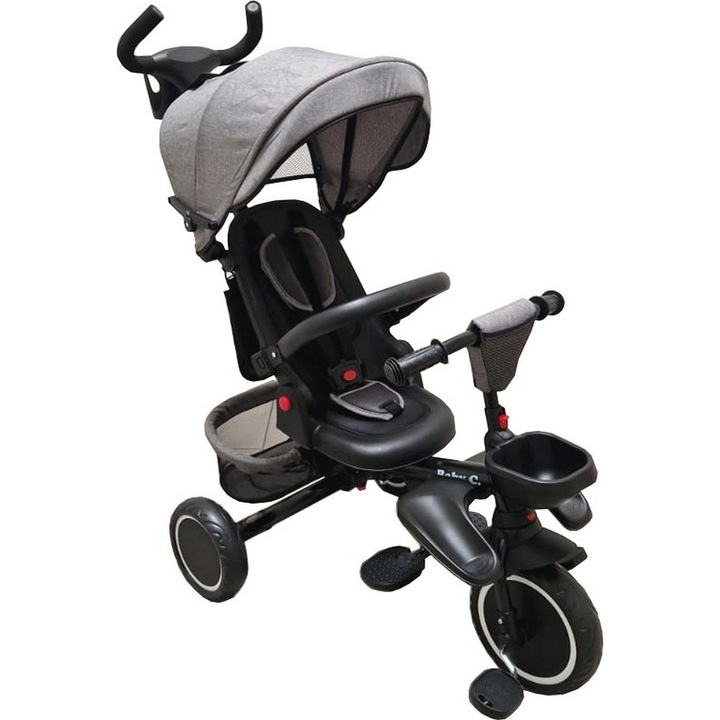 Tricicleta pliabila cu copertina Baby Care™ Folding Trike, Roti din spuma cauciucata EVA, Pedale si maner pentru parinti, Scaun reversibil cu rotire 360 grade, Cadru metalic, Dimensiuni 105X53X100 cm, Gri Jeans