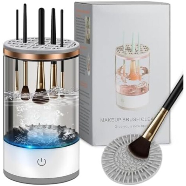 Curatator Electric Pentru Pensule De Machiaj, Spala mai multe pensule simultan, Usuca, Rapid, Ultrasonic, Compact, Portabil, Incarcare USB, Alb