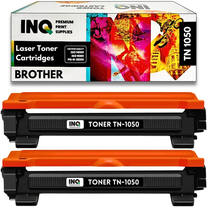 Касета за принтер Brother TN1050, 2x 1500 страници, сертификат ISO 14001 + 9001 два пакета, съвместими с Brother DCP1610WE HL1118 HL1110E HL1112E HL1210WE, Черна