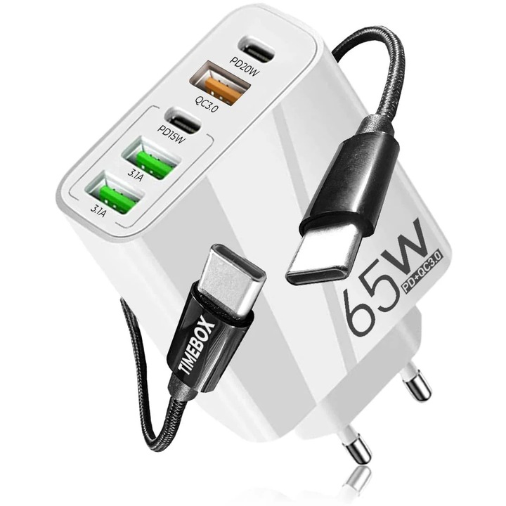 Incarcator Retea, 5 Porturi, 65W Fast Charge, 3 x USB, 2 x Type-C, Cablu de date inclus USB-C Negru, Universal Compatibil iPhone, Huawei, Samsung, Xiaomi, Alb