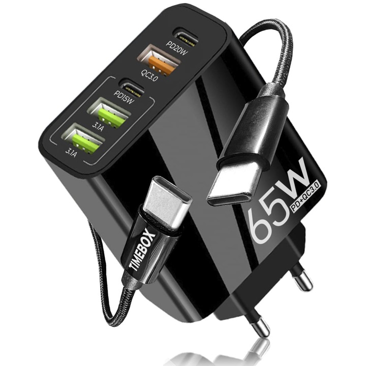 Мрежово зарядно устройство, 5 порта, 65 W бързо зареждане, 3 x USB, 2 x Type-C, включен кабел за данни USB-C черен, универсално съвместим iPhone, Huawei, Samsung, Xiaomi, черен