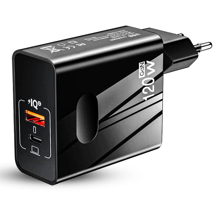 Incarcator Retea Timebox, 120W Fast Charge, 2 Porturi, 1 x USB-C, 1 x USB QC 3.0, Incarcator Telefon si Laptop, Compatibil MacBook, iPhone, Samsung, Huawei, Xiaomi, Negru