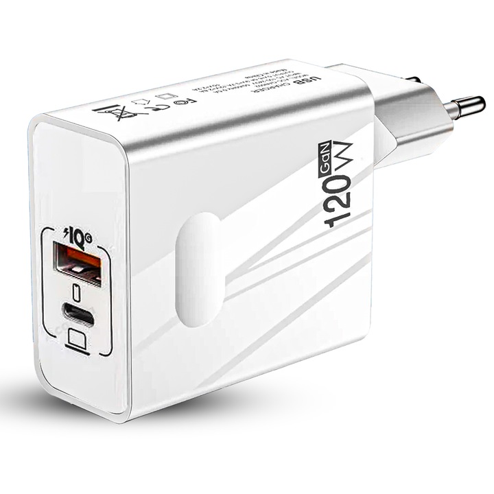 Мрежово зарядно устройство Timebox, 2 порта, 120 W бързо зареждане, 1 x Type-C, 1 x USB QC 3.0, съвместим лаптоп, Macbook, iPhone, Samsung Galaxy/Tab, Xiaomi, Huawei, бял