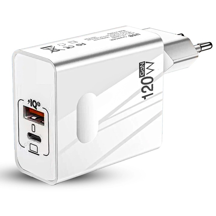Timebox hálózati töltő, 2 port, 120 W gyorstöltés, 1 x Type-C, 1 x USB QC 3.0, kompatibilis laptop, Macbook, iPhone, Samsung Galaxy/Tab, Xiaomi, Huawei, fehér