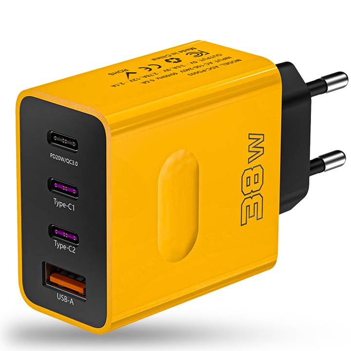 Timebox hálózati töltő, 4 port, 38 W gyorstöltés, 3 x Type-C, 1 x USB, kompatibilis a következőkkel: iPhone, Samsung Galaxy/Tab, Huawei, Xiaomi, sárga