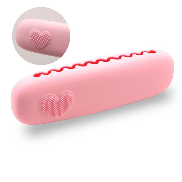 Organizator pensule machiaj pentru calatorii, BOMSTOM, Portabil, Silicon, Anti-cadere, Capacitate mare, Impermeabil, Pensule machiaj curate, 25x7x3.5cm, Roz