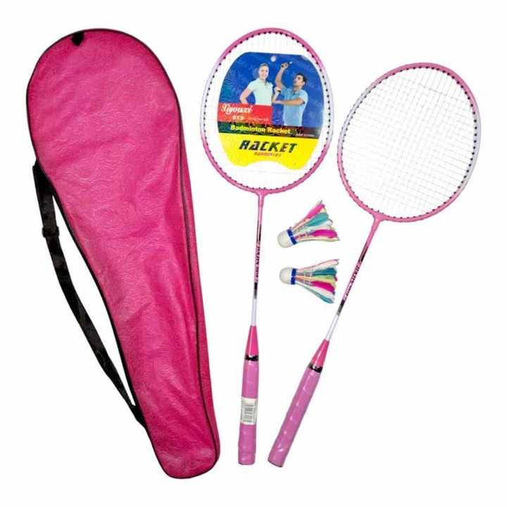 Set 2 palete de badminton cu husa de transport inclusa si 2 fluturasi, 66 cm, Roz