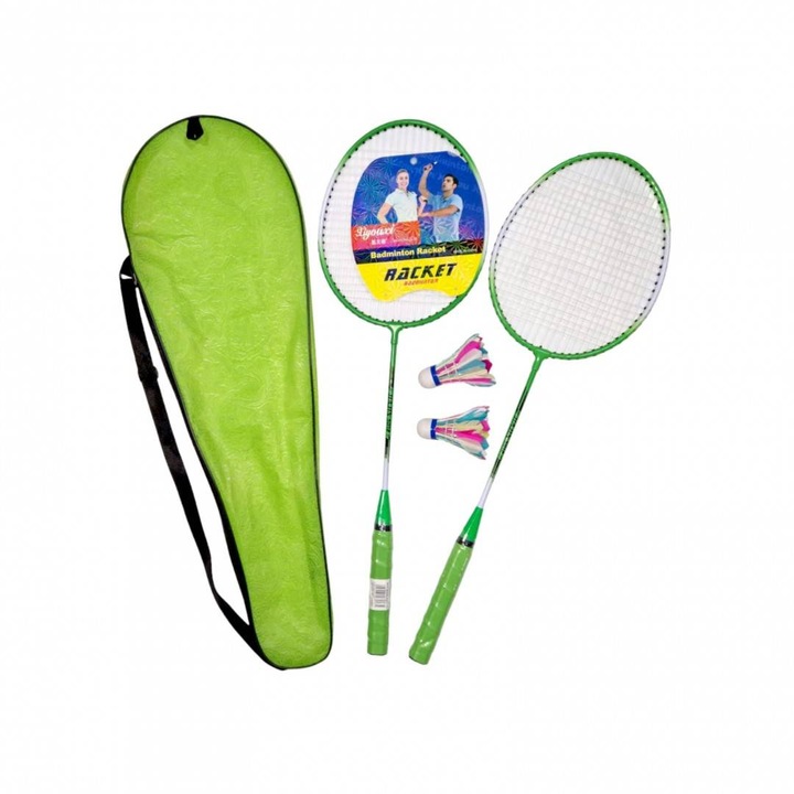 Set 2 palete de badminton cu husa de transport inclusa si 2 fluturasi, 66 cm, Verde