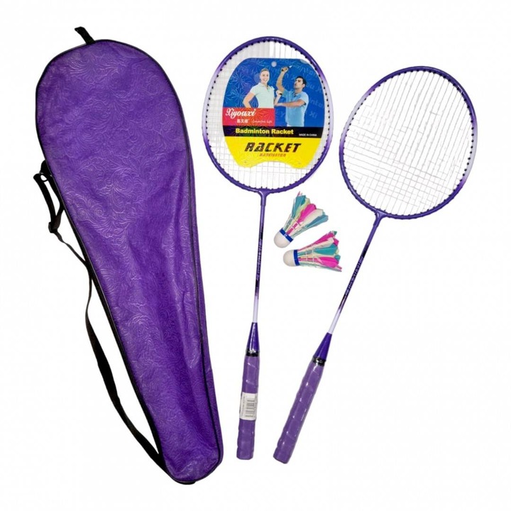 Set 2 palete de badminton cu husa de transport inclusa si 2 fluturasi, 66 cm, Mov