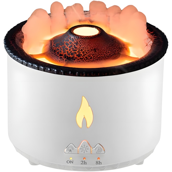 Umidificator Volcano STARGRIG®, Flacara 3D, Aromaterapia, Vaporizare Tip Flacara sau Eruptie Vulcanica, Temporizator, Led, Capacitate 360 ml, Alb