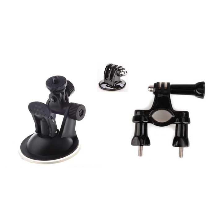 Комплект аксесоари от 4 части за GoPro Hero, insta360, DJI Action, SjCam, вендуза за предно стъкло, кормило/монтиране на вилица за велосипед/мотоциклет, 360-градусов адаптер, фиксиращ винт, универсален