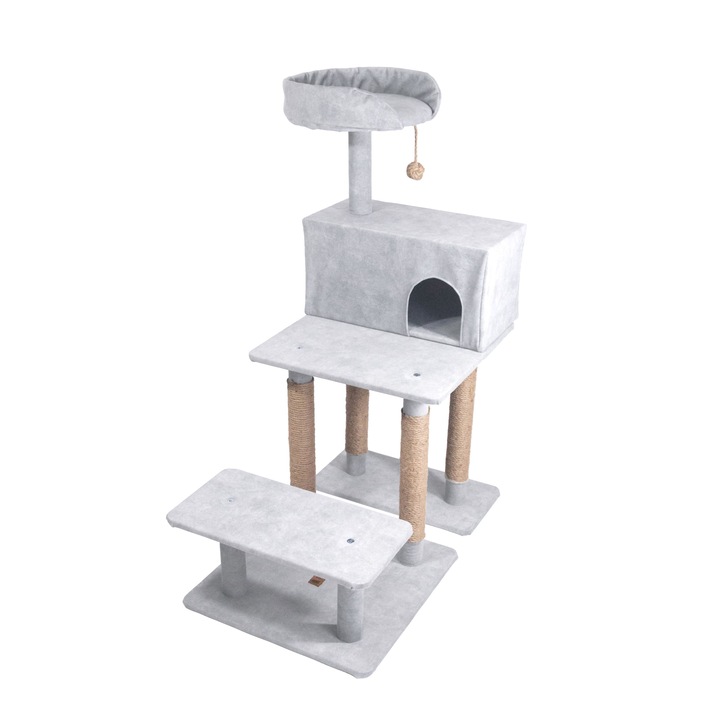 Ansamblu joaca pisici in varsta, 113cm, Alb Cenusiu, Culcus cu burete