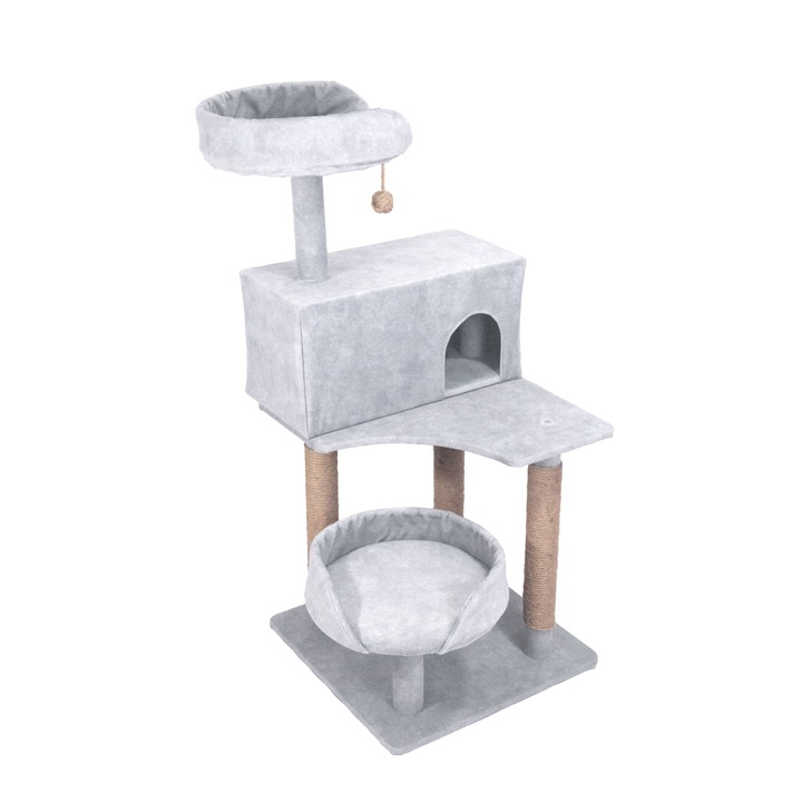 Ansamblu joaca pisici in varsta, Alb Cenusiu, 113cm Inaltime, Culcus cu burete