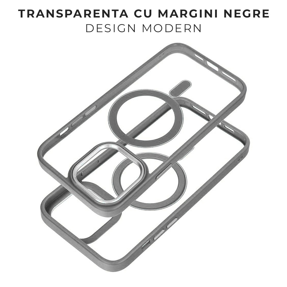 Husa pentru iPhone 15 Pro Premium Magcover Edge, Magsafe integrat, Calitate superioara, Antisoc, Protectie colturi, Transparenta cu margini Gri