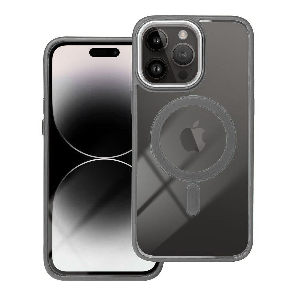 Husa pentru iPhone 15 Pro Premium Magcover Edge, Magsafe integrat, Calitate superioara, Antisoc, Protectie colturi, Transparenta cu margini Gri