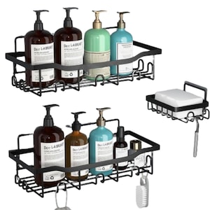 Set Raft de Dus MONDESA® cu 2 Etajere plus o Sapuniera pentru Baie, din Otel Inoxidabil, Organizator Baie cu Montare Usoara fara Gaurire, Design Modern, Negru, 3 piese