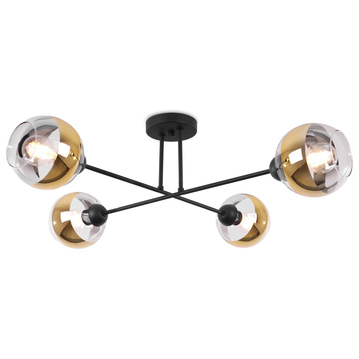 Plafoniera, LightHome, Asturia, 4 puncte de lumina, E27, Negru/Auriu