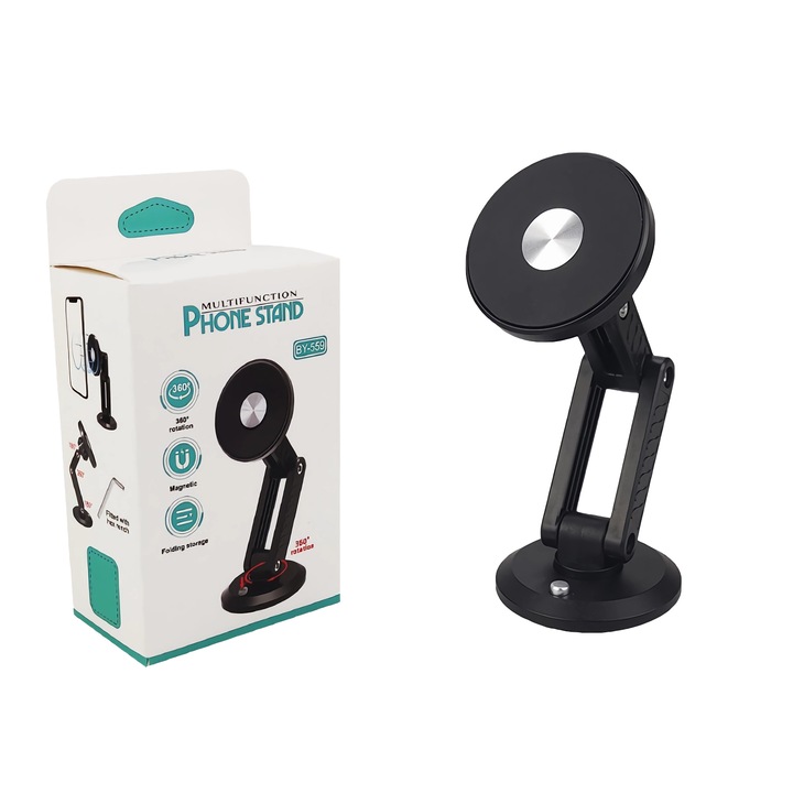 Suport telefon auto, pliabil, rotatie 360, negru, 6.5x9x16cm