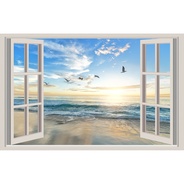 Tablou Canvas, Peisaj, Mare, Plaja, Pescarusi, valuri Fereastra, 70 x 40 cm, Rama lemn, Multicolor