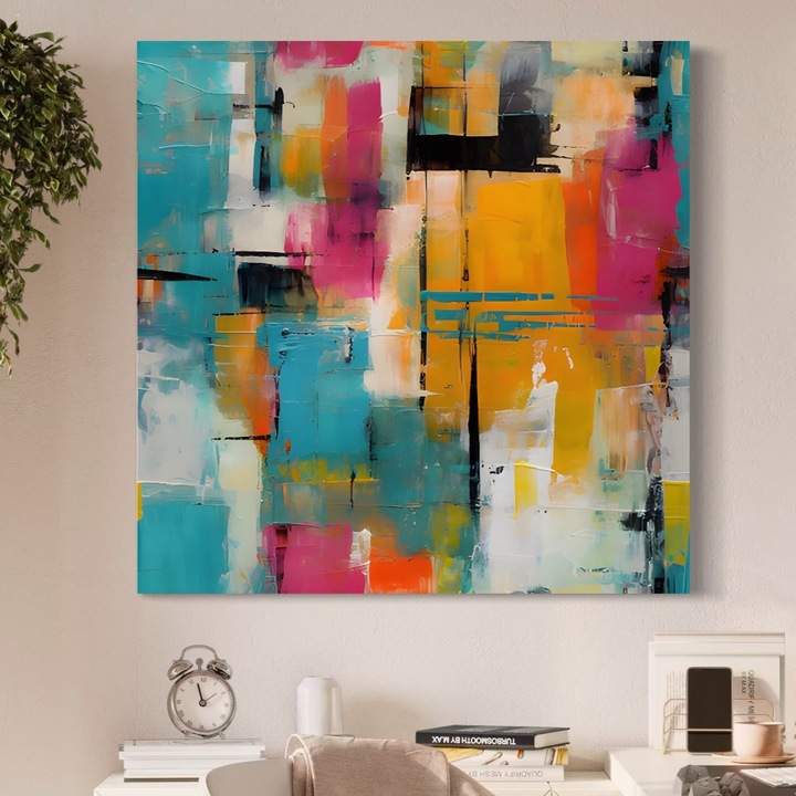 Премиум Канава, LuxCanva® C1211, Абстрактна Цветна Композиция, 75 X 75 СМ, 100% Памучно Платно 400гр/м2, Дървена Рамка, Цветове, Декоративно, Дневна, Живи Цветове
