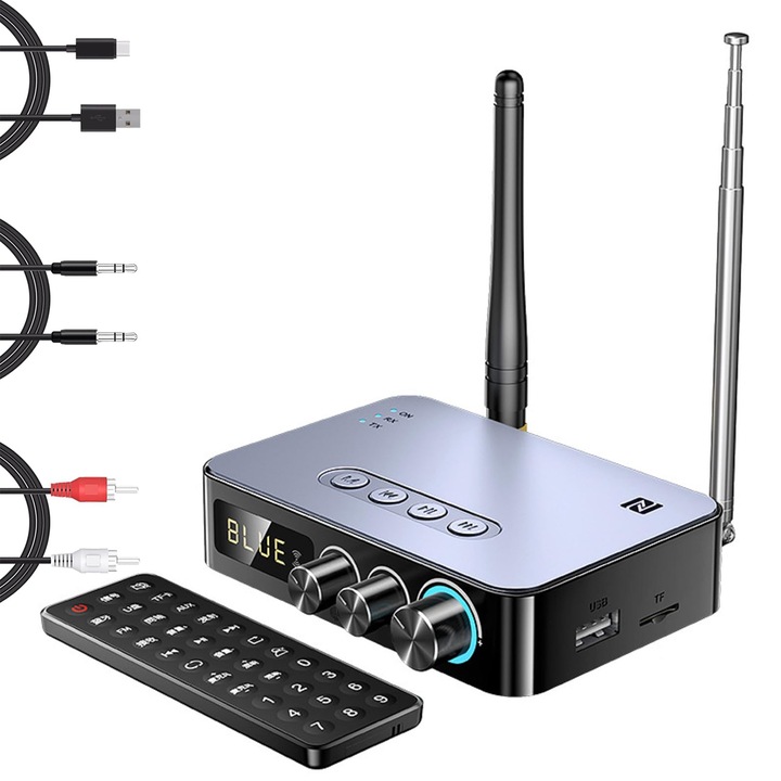 4 az 1-ben Bluetooth vevő, távirányítóval, Bluetooth 5.1, AUX/2RCA/FM/C típusú