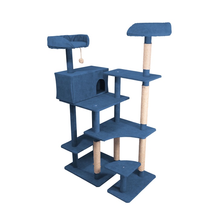 Ansamblu joaca pisici in varsta, 150cm, Albastru Royal, Culcus cu burete