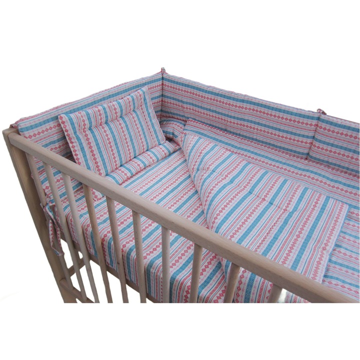 Комплект капитонирано спално бельо от 4 части, 120x60 см, памук Oeko Tex, чаршаф, завивка, възглавница, бордюр PPSL4P ромбове Primii Pasi