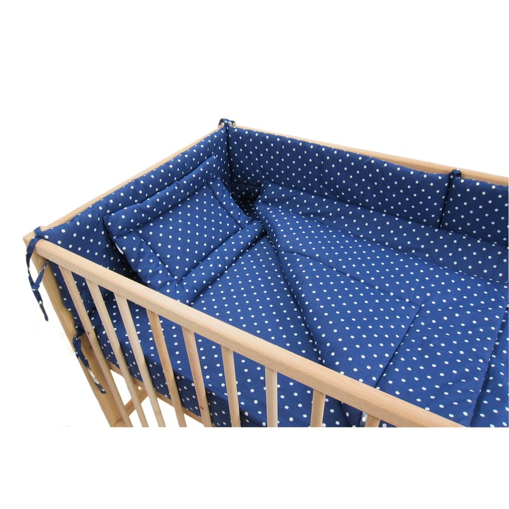 Комплект капитонирано спално бельо от 4 части, 120x60см, памук Oeko Tex, чаршаф, завивка, възглавница, обиколник PPSL4P на бели/сини точки, Primii Pasi